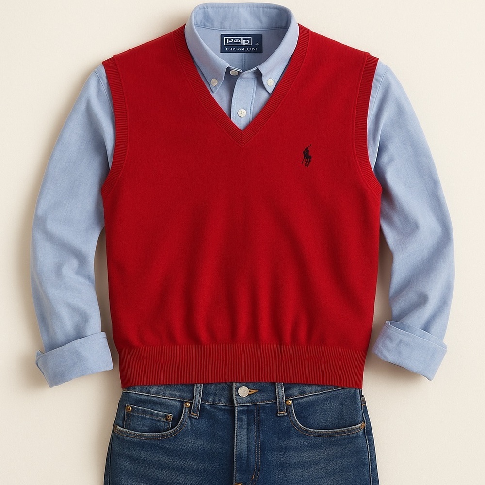 POLO by Ralph Lauren Red Pima Cotton Sweater Vest V-Neck Knit Pullover - Large - Picture 6 of 8